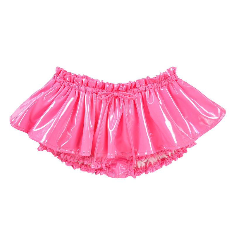 LittleForBigレディース 超ミニブルマースカート【お姫様風】光沢フェイクレザー フリルとリボン飾り ドレス 伸縮性のあるウエストバンドと裾 パンツスカート ピンク 349P