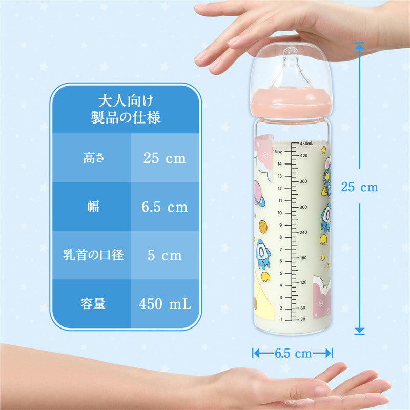 LittleForBig大人用哺乳びん【宇宙員】プリント 防塵蓋付き 引き換え可能なシリコン乳首 大人向けグラス哺乳瓶 パステルカラー BTL04