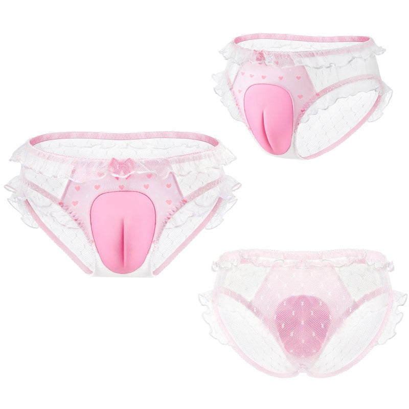 LittleForBigメンズ メッシュパンティー 下着 レースフリルとリボン飾り【ハート柄】キャメルつま先隠し メッシュパネル シェイプアップ シースルー 透け感 通気性 ピンク MUP546P