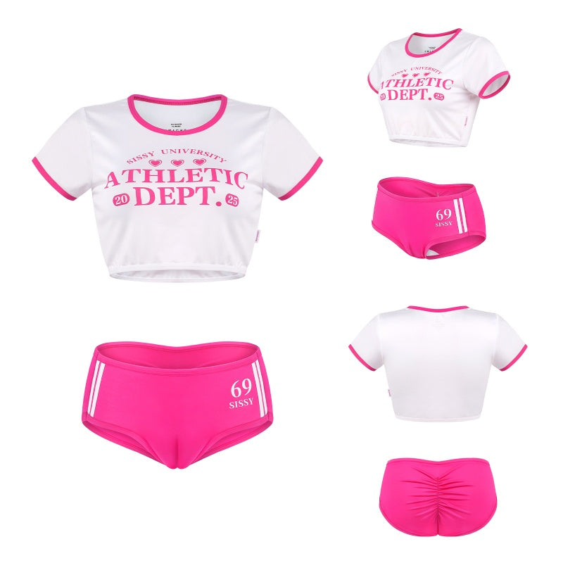 LittleForBigメンズ ブラレット2点セット ジムウェア【シシー世界へようこそ】シルキークロップトップとパンティー キャメルつま先隠し バックシャーリング ローズ MUT285F