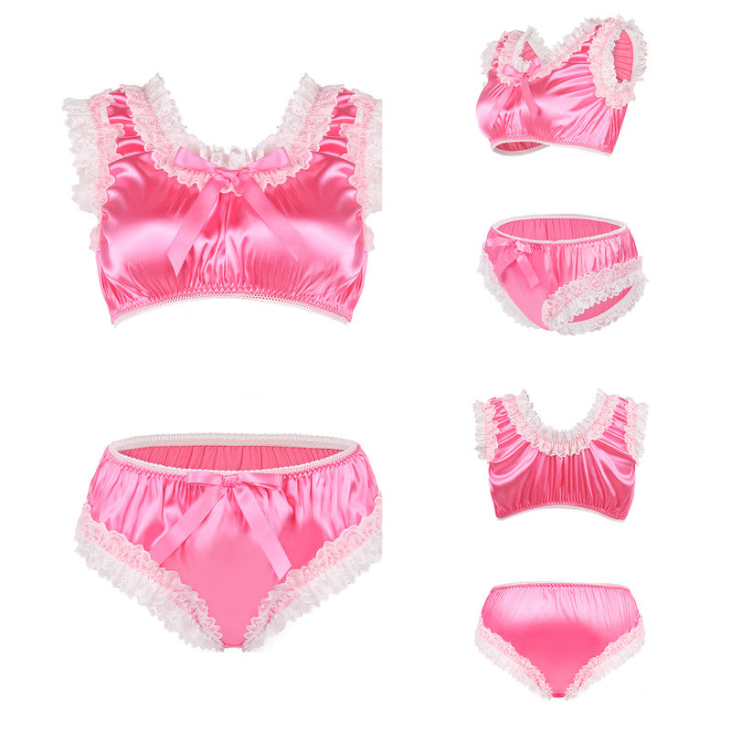 LittleForBigユニセックス ブラレット2点セット【光沢サテン】レースフリルとリボン付き 繻子質感 シルキーキャミソールとパンティー ローズ MUT266F
