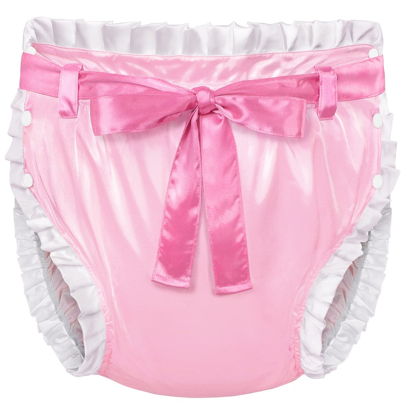 LittleForBig大人用シルキーおむつカバー 光沢サテン 布おむつパンツ レースアップ フリルと蝶結び飾り 調整可ウェスト 3層通気性・防水・漏れ防止 洗濯可 ピンク DC410P