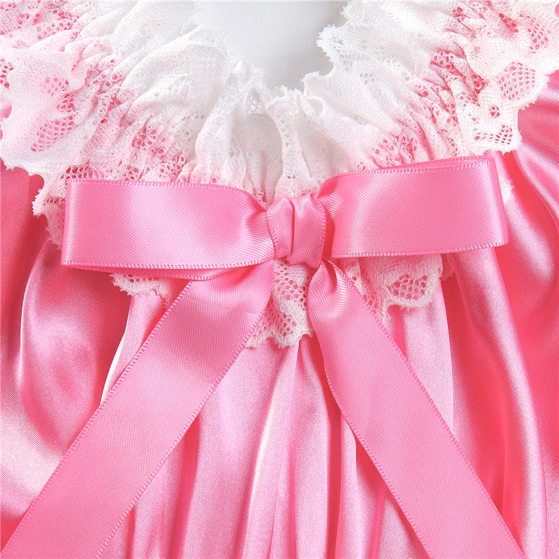 LittleForBigユニセックス ブラレット2点セット【光沢サテン】レースフリルとリボン付き 繻子質感 シルキーキャミソールとパンティー ローズ MUT266F