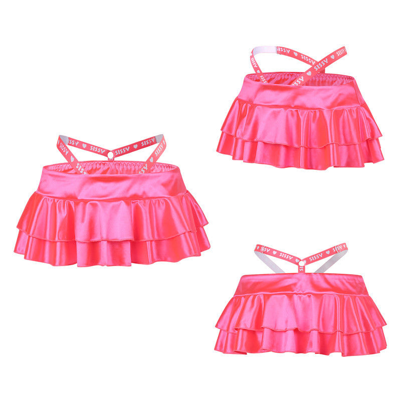 LittleForBigメンズ 超ミニスカート【ティアードスカート風】 Y2K 光沢サテン 2層重ねフリル 調整可能なサイドストラップ Aラインスカート ピンク M346P