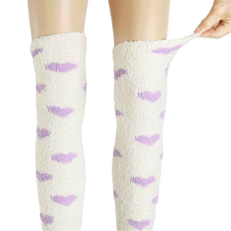 Littleforbig可愛いコーラルフリース ニーハイソックス【ハート柄】ふわふわストッキング 2足セット 白紫&紫白 SL606-S203