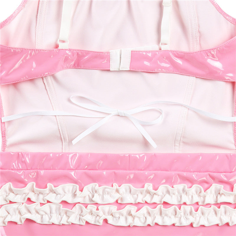 LittleForBig大人ロンパース キャミソール【お姫様風】光沢フェイクレザー フリル袖とネックライン バック3D白フリル2段 バックレストレーニングロンパース 調整可能なストラップ ピンク 1027P