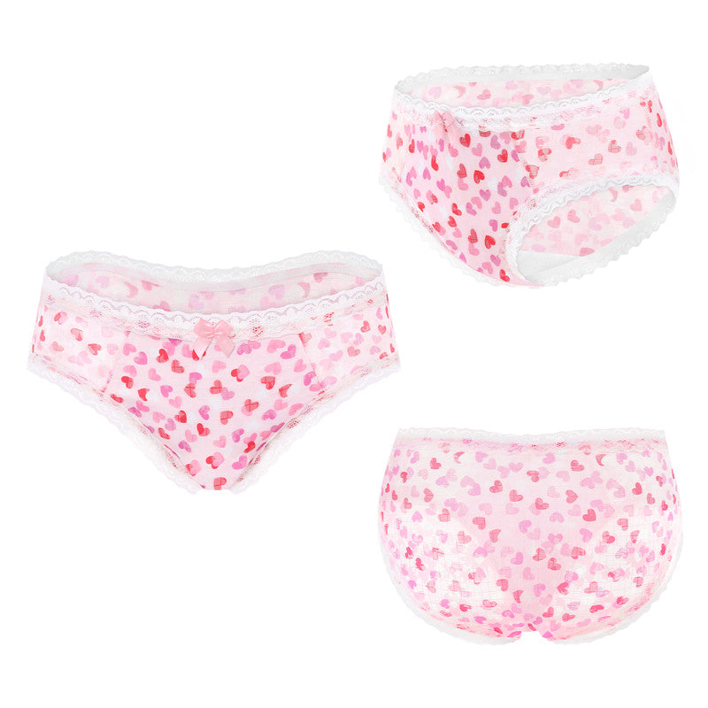 LittleForBigメンズ メッシュパンティー 体型カバー【ロマンチックなハート】レースとリボン飾り ヒップスターブリーフ タッキングガフパンティー 下着 ピンク MUP517P1