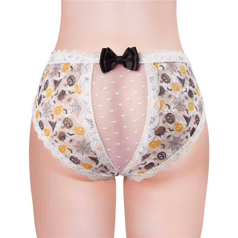 LittleForBigメンズパンティー 体型カバー【スケリー·魔女の帽子·クモの巣柄】ハロウィン風 タッキングガフパンティー ブリーフ バックにメッシュパネルと大きなリボン 白 MUP514W