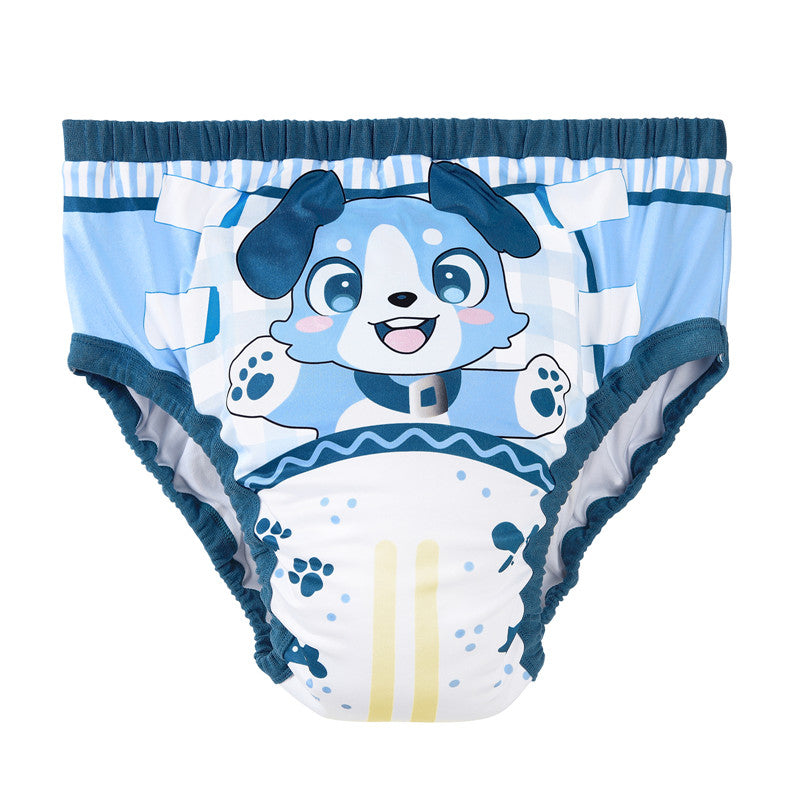 LittleForBig大人用シルキー単体で使えるトレーニングパンツ【ケモノちゃん】ウェストゴム付き 弾力性あり 漏れ防止 通気性 洗濯可 ブルー DC307B