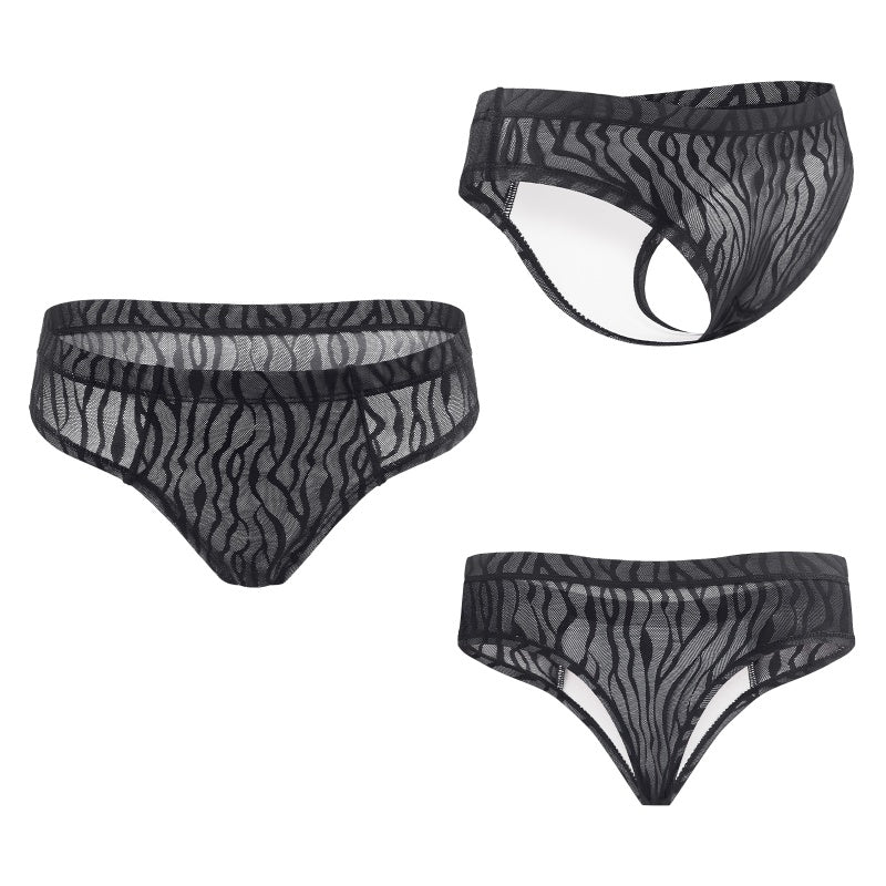 LittleForBigメンズ Tバックパンティー タッキングギャフ ブラジリアンチーキー【黒タイガー柄】下着 シェイプブリーフ スムース柔軟メッシュ 黒 MUP530-C07