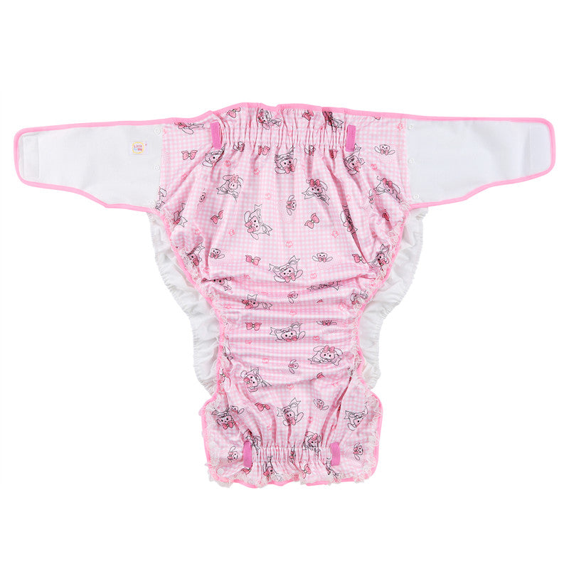LittleForBig大人用布おむつカバー【うさぎとリボン】格子縞 レースと蝶結び 調整可ウェスト 3層通気性・防水・漏れ防止 洗濯可 ピンク DC407P
