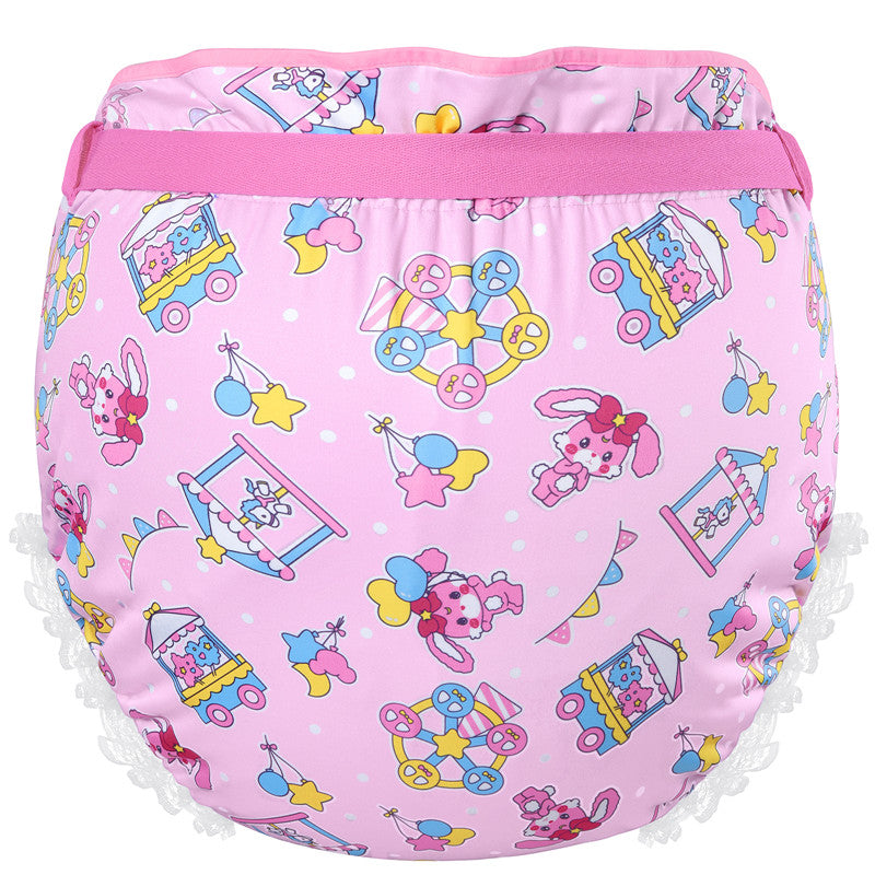 LittleForBig大人用シルキー布おむつカバー【うさぎサーカス柄】 レースと蝶結び 調整可ウェスト 3層通気性・防水・漏れ防止 洗濯可 ピンク DC404P