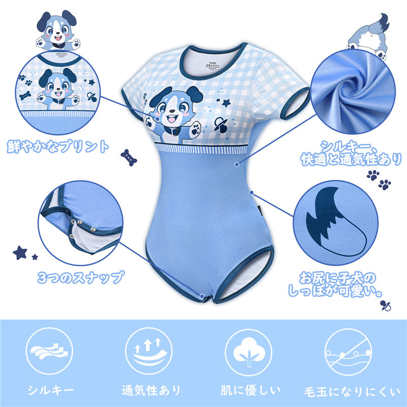 LittleForBig大人ロンパース パジャマ【あおちゃん】 格子縞 スベスベシルキー触感 ボディスーツ DP0029