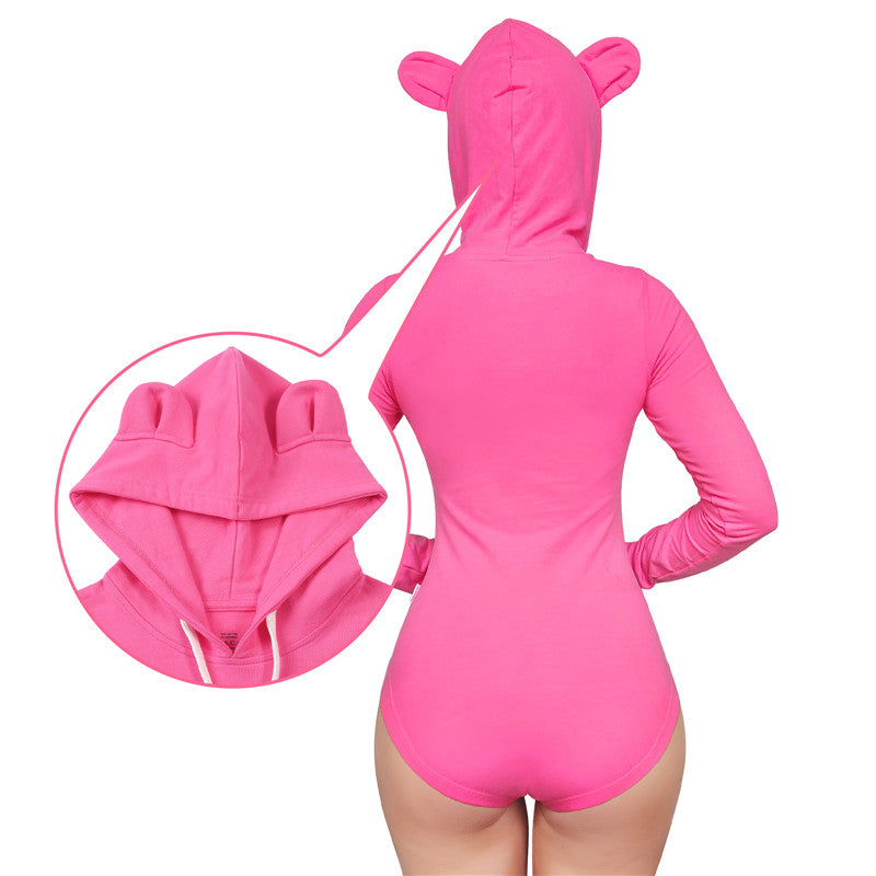 LittleForBigユニセックスロンパース 綿パジャマ パーカー【ゆったりしたシシーとベア】 プリントボディスーツ 長袖 フード付 ローズ M1026F