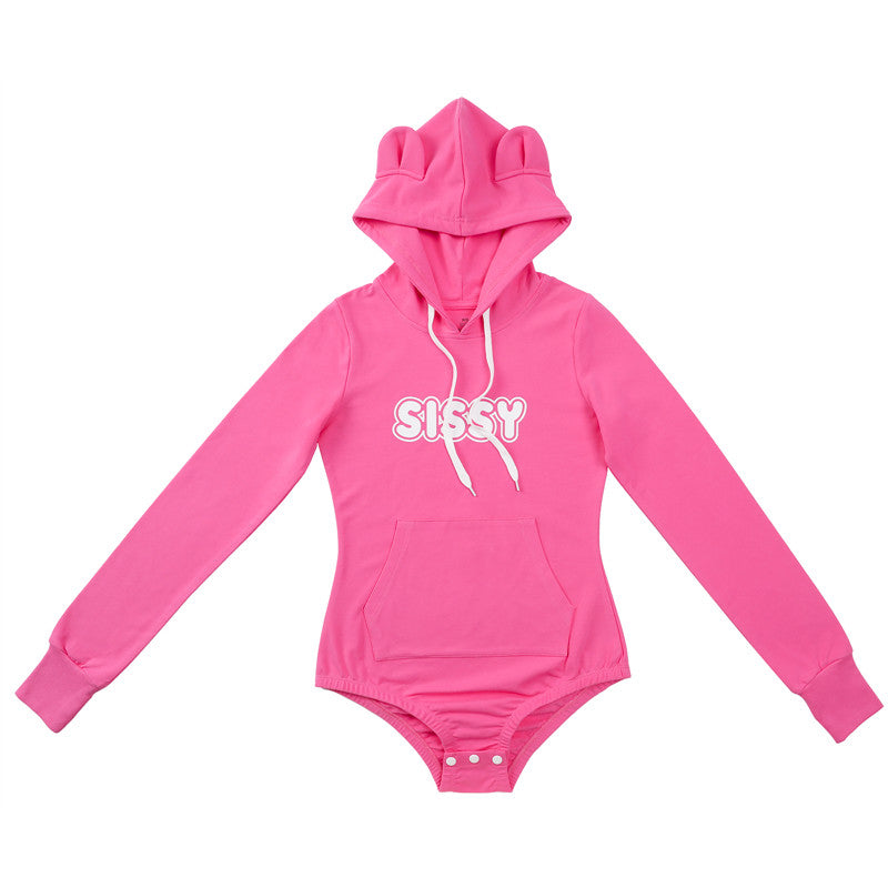 LittleForBigユニセックスロンパース 綿パジャマ パーカー【ゆったりしたシシーとベア】 プリントボディスーツ 長袖 フード付 ローズ M1026F