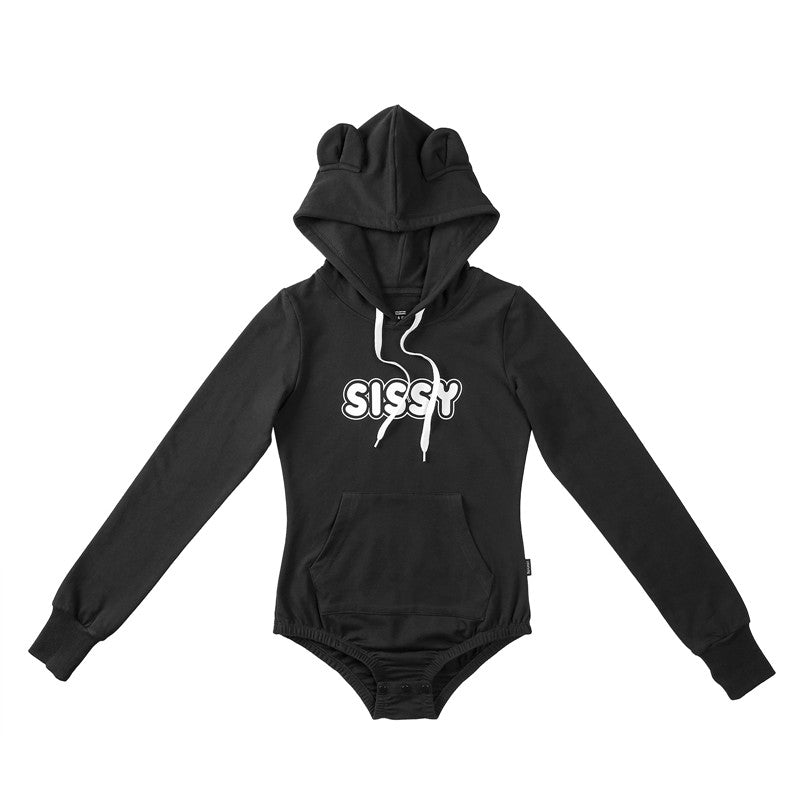 LittleForBigユニセックスロンパース 綿パジャマ パーカー【ゆったりしたベア】 プリントボディスーツ 長袖 フード付 ブラック M1026H