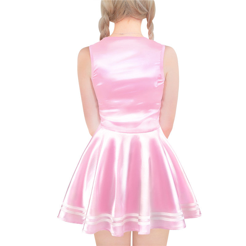 LittleForBigユニセックスワンピース シャイニーサテンスカート【チアリーダー・シシー】 シルキー袖なしドレス ピンク M339P