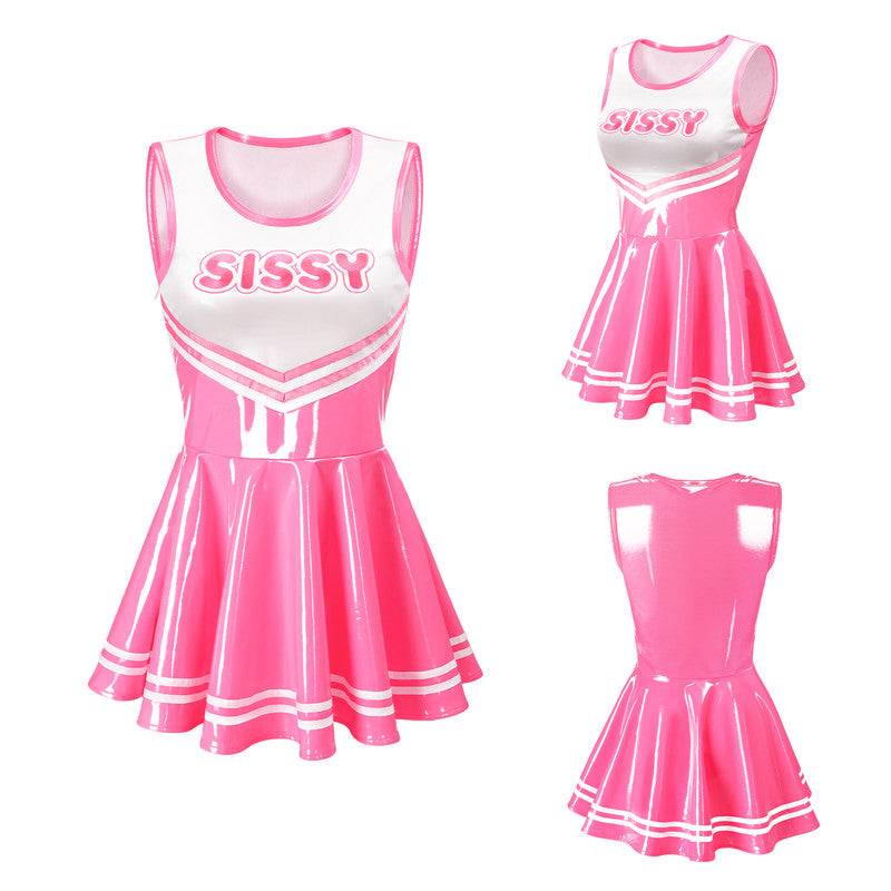 LittleForBigレディースワンピースミニスカート【チアリーダー・シシー】 光沢フェイクレザー 袖なしドレス ピンク M340P