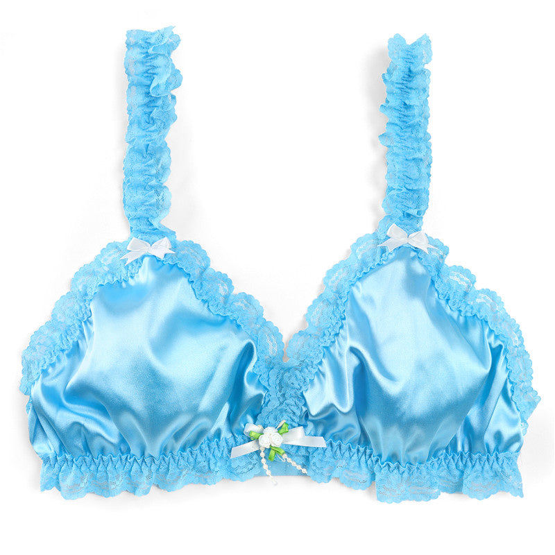 LittleForBig大人ブラ キャミソールインナーウェア レースヘム【サテン花】 光沢感あり繻子質感 シルキー ユニセックス ブルー MUB001B