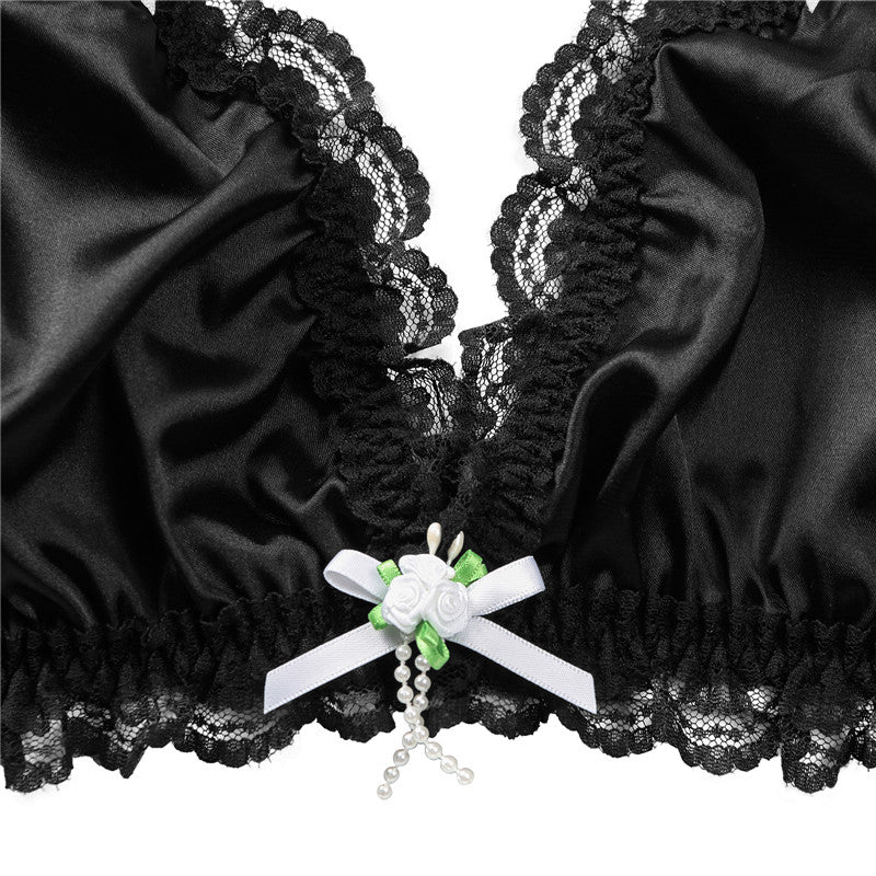 LittleForBigメンズブラレット レースヘム【サテン花】 光沢感あり繻子質感 シルキー ユニセックス 黒 MUB001H