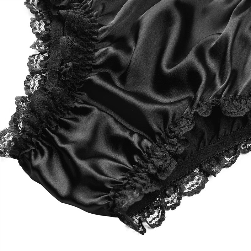 LittleForBigメンズショーツ 下着インナーウェア レースヘム【サテン花】光沢感あり繻子質感 シルキー ユニセックス 黒 MUP533H