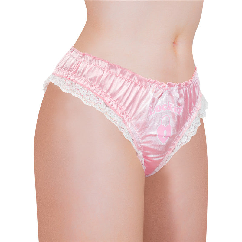 LittleForBigユニセックスパンティー サテンレース下着【ロマンチックなハート型錠】 ラッフルゴム スムーズ 光沢 伸縮性 ピンク MUP536P