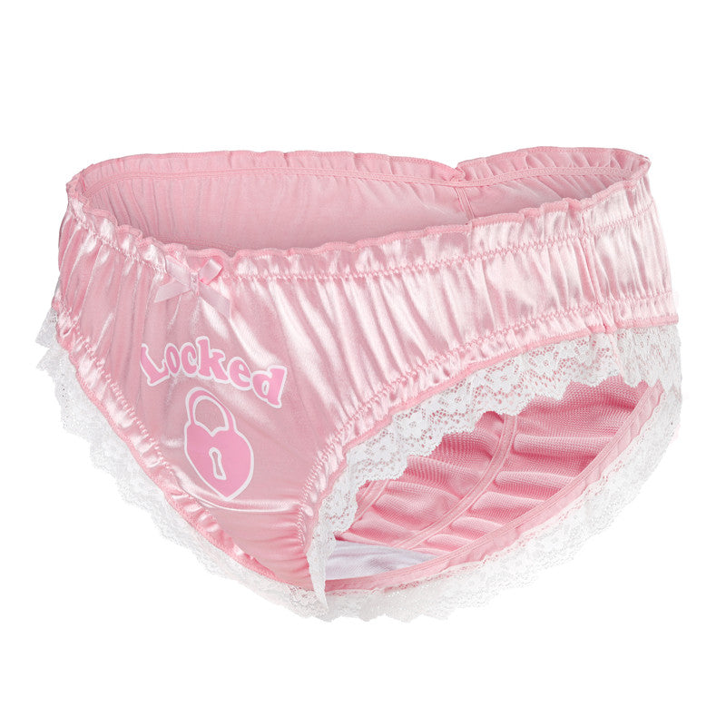 LittleForBigユニセックスパンティー サテンレース下着【ロマンチックなハート型錠】 ラッフルゴム スムーズ 光沢 伸縮性 ピンク MUP536P