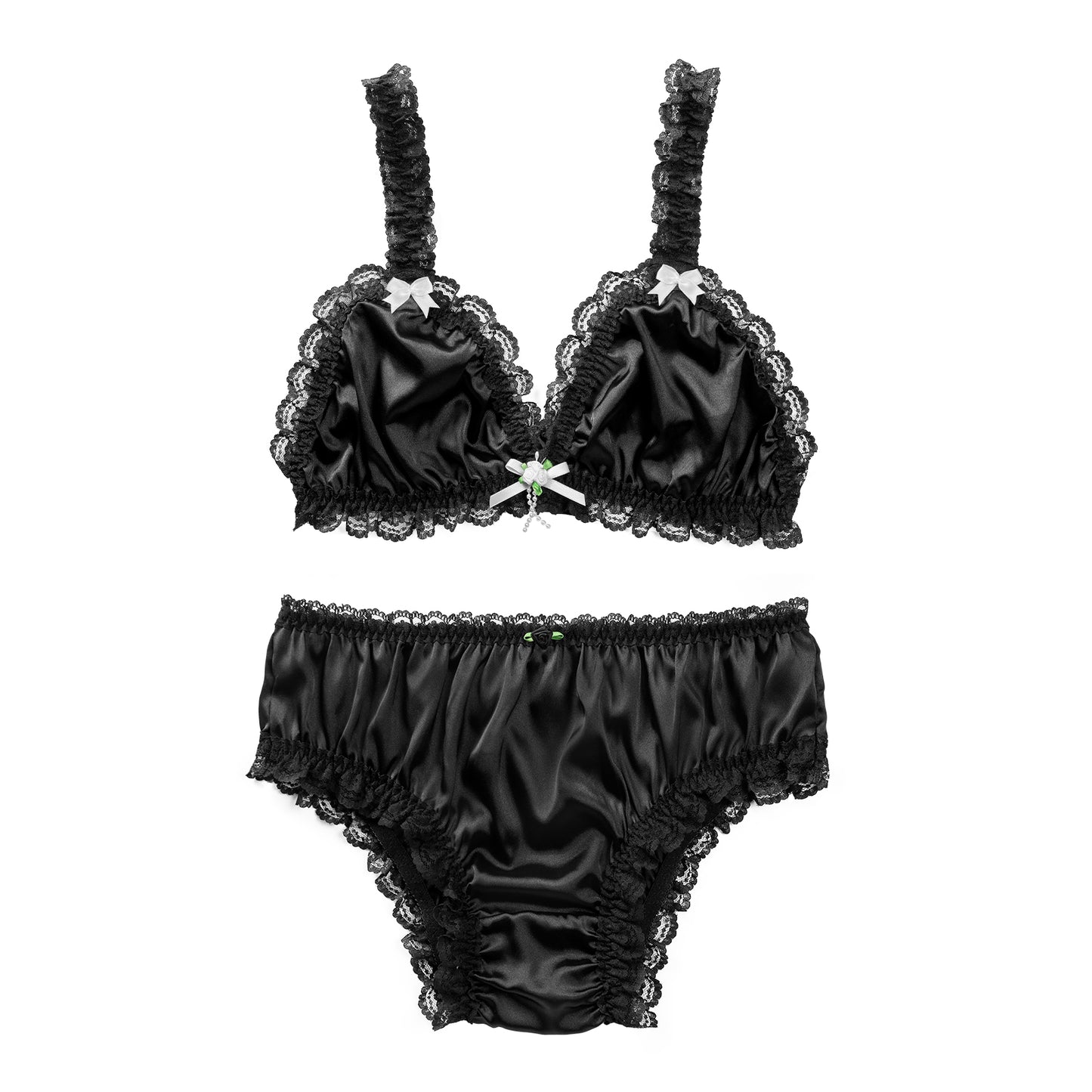 LittleForBig インナーウェア レースフリル ブラレット2点セット【サテン花】光沢感あり繻子質感 シルキー ブラック MUT257H