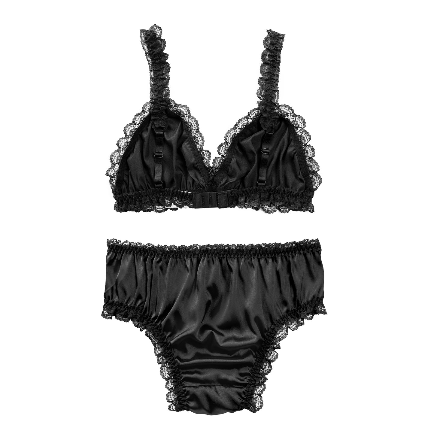 LittleForBig インナーウェア レースフリル ブラレット2点セット【サテン花】光沢感あり繻子質感 シルキー ブラック MUT257H
