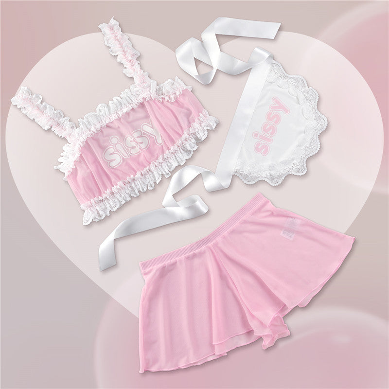 LittleForBigユニセックスブラレットセット【レースディテール】 取り外し可能エプロン付き シースルー風 3点セット ピンク MUT265P