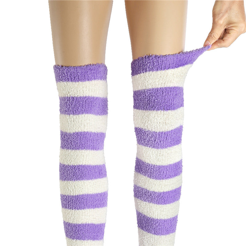 LittleForBigキュートなコーラルフリース ニーハイロングボーダー ストライプ ソックス2足セット 赤白&紫白 SL604-S205