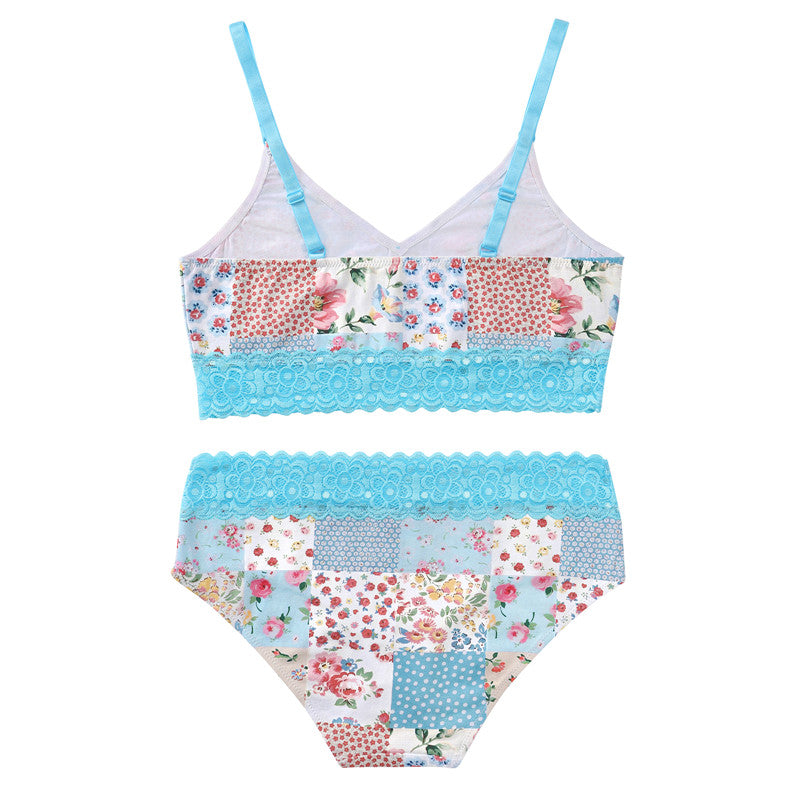 LittleForBig女子ブラレット2点セット【花柄パッチ】 レースフリル 綿パジャマUT249