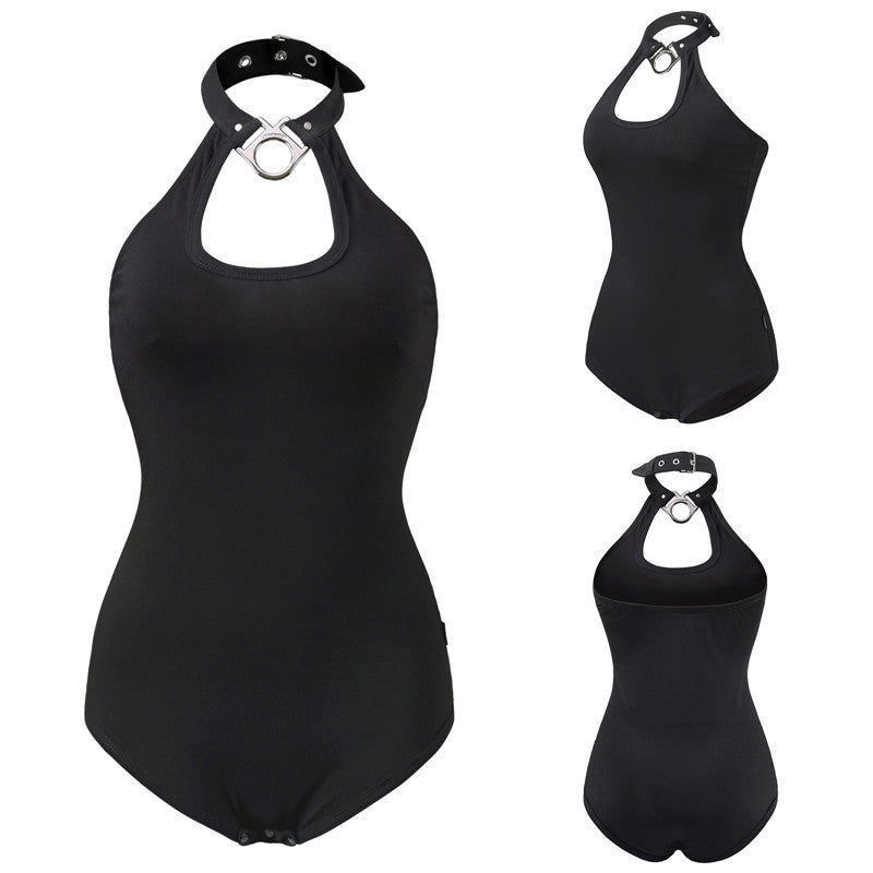 LittleForBig大人用ロンパース 立ち襟 バックレス【ドラップ】ホルターネック 黒 071H