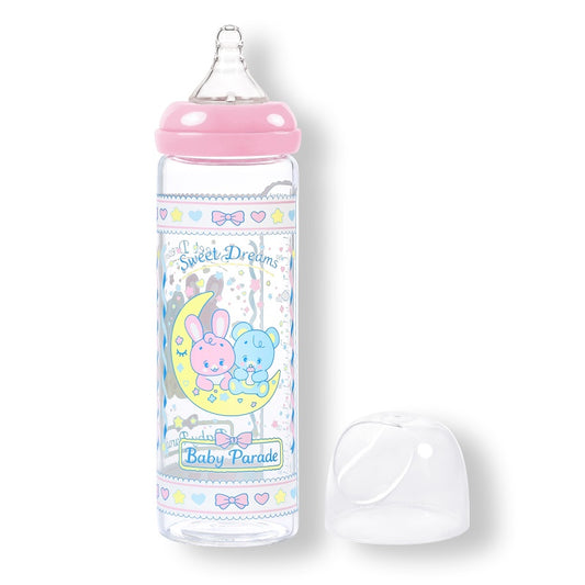 LittleForBig大人用哺乳びん 大容量450mL ガラス製哺乳瓶【眠っているウサギとベアちゃん】防塵蓋付 交換可能シリコーンニップル 広口設計 BPA・ラテックスフリー 高耐久 X字型の飲み口 ピンク BTL12