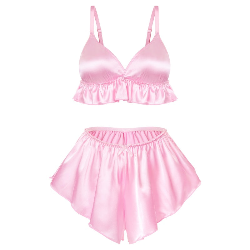 LittleForBigメンズ ブラレット2点セット【フランス風サテン】光沢感 シルキーキャミソールとパンツ フリルランジェリー Vネック 調節可能なホックとストラップ ピンク MUT283P