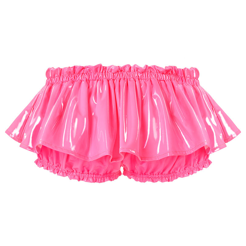 LittleForBigレディース 超ミニブルマースカート【お姫様風】光沢フェイクレザー フリルとリボン飾り ドレス 伸縮性のあるウエストバンドと裾 パンツスカート ピンク 349P