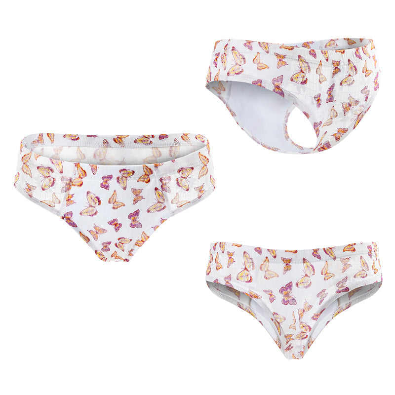 Littleforbigメンズ Tバックパンティー タッキングギャフ ブラジリアンチーキー【舞う蝶々柄】下着 シェイプブリーフ スムース柔軟メッシュ 白 MUP530-C08