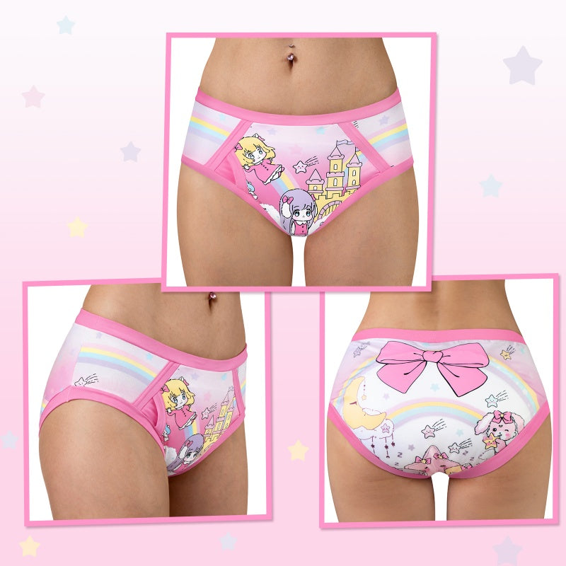 LittleForBig大人用シルキートレーニングパンツ 大人用布おむつパンツ【夢の国の小さな妖精たち】ウェストゴム付き 飾り前立て ローライズ 吸収層入り ストレッチ 防水・漏れ防止 ピンク DC335P