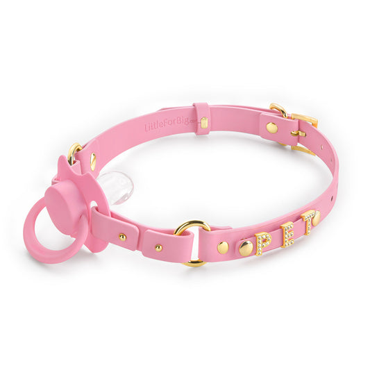 LittleForBig大人用おしゃぶり&ギャグ2点セット【ペット·おしゃぶりチョーカー】付け替え可能な「PET」文字ボダン 調整可能 シリコンニップル DIY可能 ピンク GS002P-P