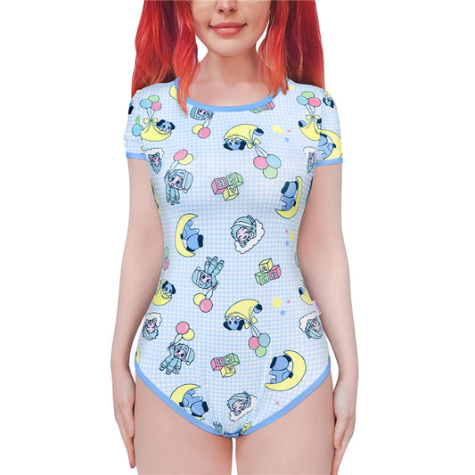 LittleForBig大人ロンパース パジャマ【あおちゃん·寝る時間】総柄 スベスベシルキー触感 ボディスーツ ブルー DP0041B