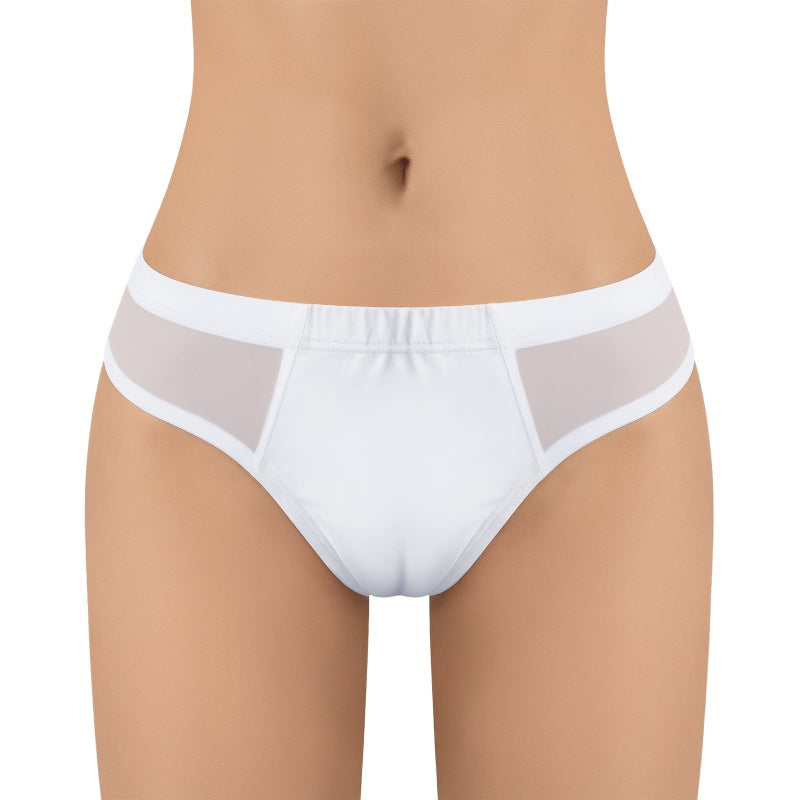 LittleForBigメンズ シルキーTバックパンティー【無地】キャメルつま先隠し ブラジリアン風チーキー メッシュ下着 タッキングガフパンティー ストレッチウエスト インナー 柔らか 白 MUP545W