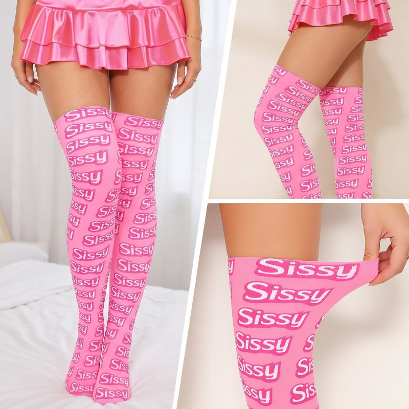 LittleForBigユニセックス ニーハイストッキング 【シシー】総柄 シルキーハイソックス 滑り止めシリコーングリップ シームレストゥ 伸縮性 通気性 ピンク MSL19P