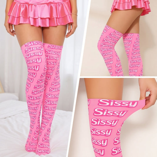 LittleForBigユニセックス ニーハイストッキング 【シシー】総柄 シルキーハイソックス 滑り止めシリコーングリップ シームレストゥ 伸縮性 通気性 ピンク MSL19P