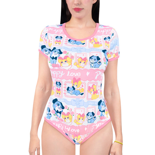 LittleForBig大人ロンパース パジャマ【あおちゃんの恋い物語】ロマンチックなプリント スベスベシルキー触感 ボディスーツ ピンク DP0039