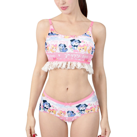 LittleForBigレーディス レース飾りブラレット2点セット【あおちゃんの恋い物語】キャミソールとパンティー 調整可能なストラップ スベスベシルキー触感 ピンク UT277P