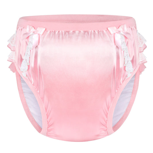 Littleforbig大人単体で使えるトレーニングパンツ 光沢サテン【お姫様スカート】蝶結びとフリル付き 吸収・防漏・通気性 ストレッチウェストで快適 洗濯可 ピンク DC302P