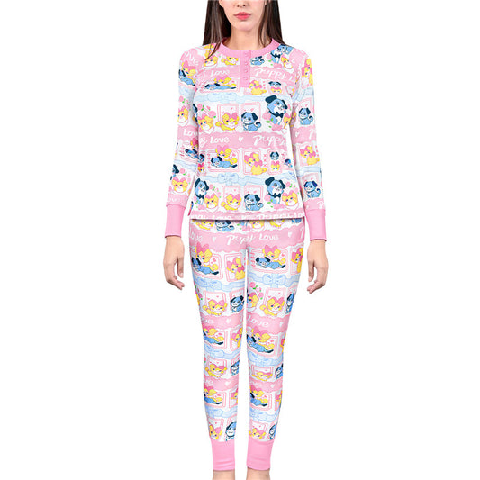 LittleForBig大人シルキーパジャマ2点セット【あおちゃんの恋い物語】長袖とズボン 部屋着 伸縮性 ユニセックス ピンク AT627