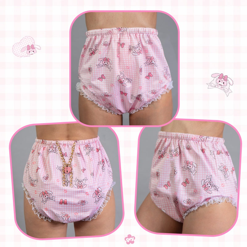 LittleForBig大人用シルキーおむつカバー プルオン布おむつパンツ【うさぎとリボン柄】TPU製 格子縞 ロック可能なハート型錠 金属チェーン付き レース飾り裾 防水・漏れ防止 洗濯可 ピンク DC209P
