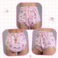 LittleForBig大人用シルキーおむつカバー プルオン布おむつパンツ【うさぎとリボン柄】TPU製 格子縞 ロック可能なハート型錠 金属チェーン付き レース飾り裾 防水・漏れ防止 洗濯可 ピンク DC209P