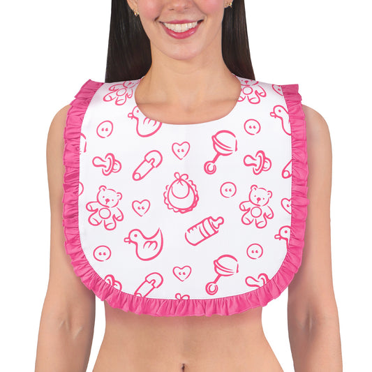 LittleForBig大人用ビブ よだれかけ 大人用スタイ【哺乳瓶柄】大判サイズ 防水 フリル付き 面ファスナー式 調節可能 シルキー触感 広め設計 高いカバー力 やわらか素材 快適フィット ピンク B43P
